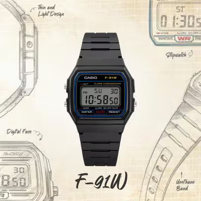 CASIO F-91W-1 Black Unisex Resin Digital Watch - Casio Classics