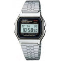 Casio digital watch with silver metal strap on a white background