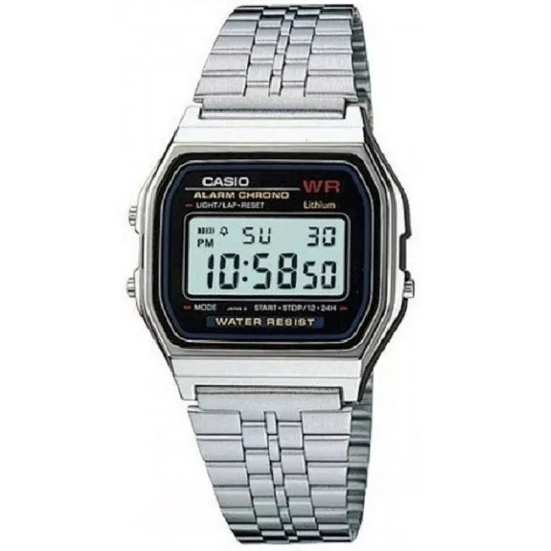 Casio digital watch with silver metal strap on a white background